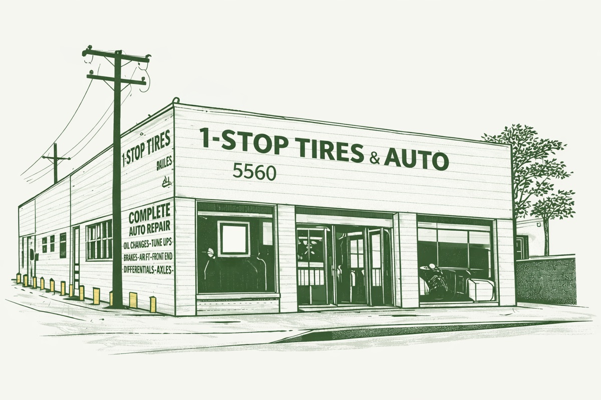 Illustration of the One Stop Tires & Auto storefront at 5560 Cahuenga Blvd, North Hollywood
